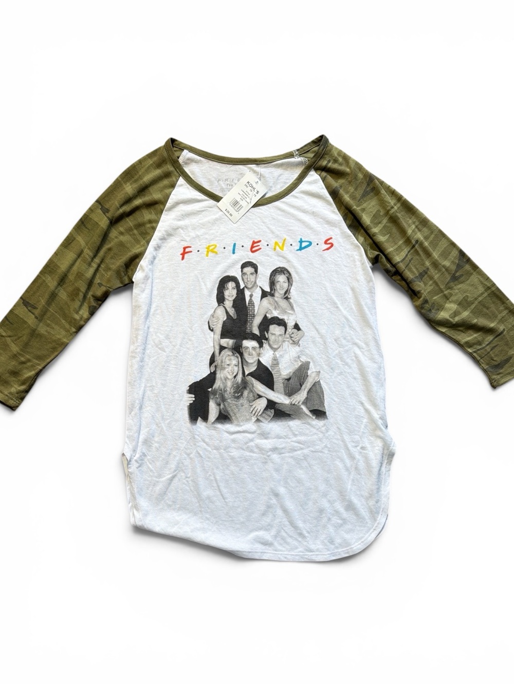 Kohl's White Friends Raglan Tee with Olive Camo Sleeves